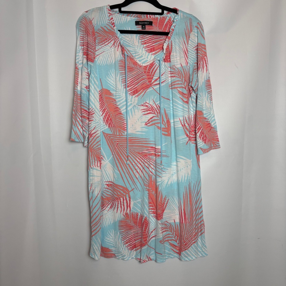 Ellen Tracy Palm Print Nightgown Womens M Blue Coral‎ White Casual Comfy Soft